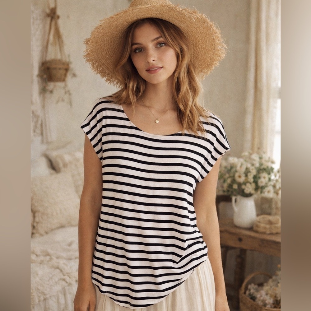 Green Envelope Black and White Striped Tee